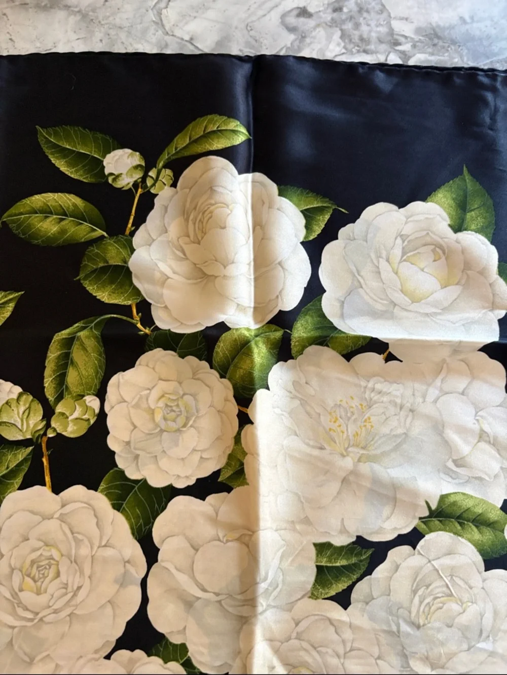 Vintage CHANEL Black Silk Scarf with White Flowers and Green Leaves